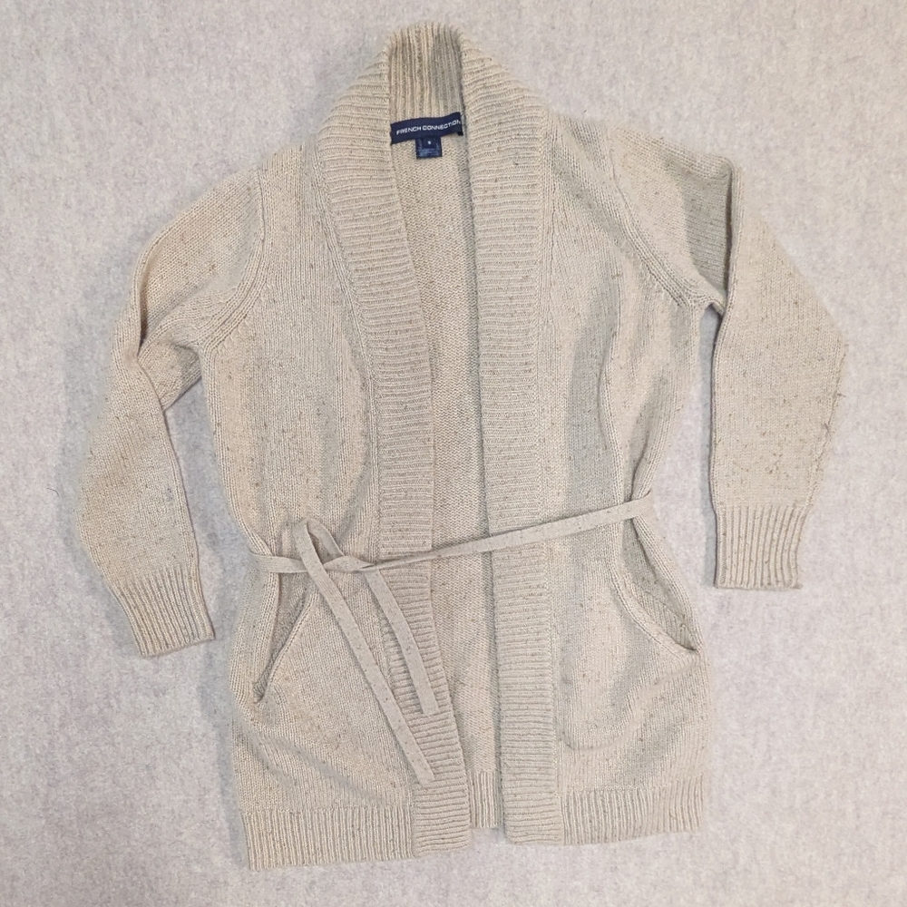 French Connection Oatmeal Tie Wool Blend Cardigan W/ Pockets Size Women's Small